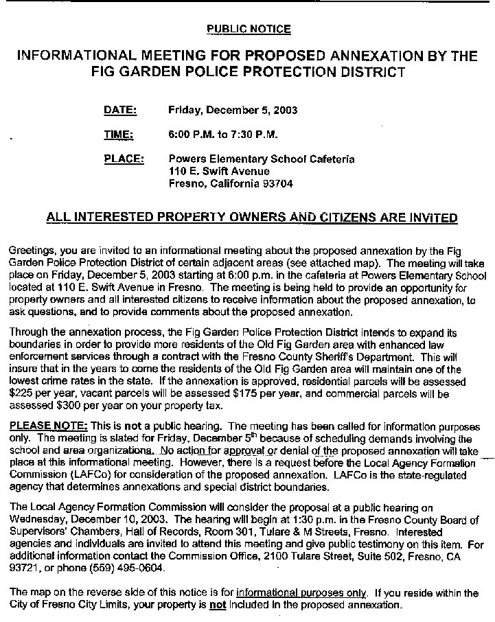 Annexation notice, Fig Garden Police Protection District. Information from LAFCo, Local Area Formation Commission, public notice. Fresno, California.