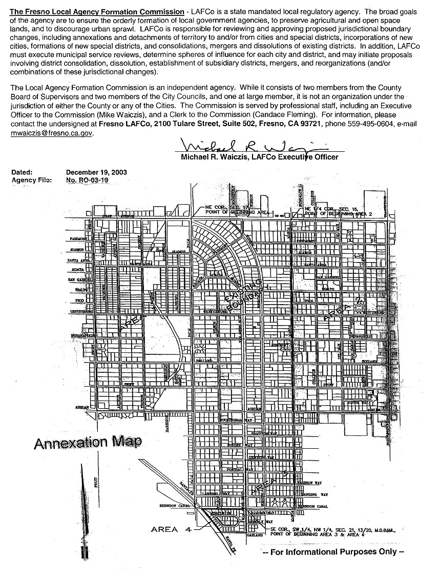 Annexation notice, Fig Garden Police Protection District. Information from LAFCo, Local Area Formation Commission, public notice. Fresno, California.